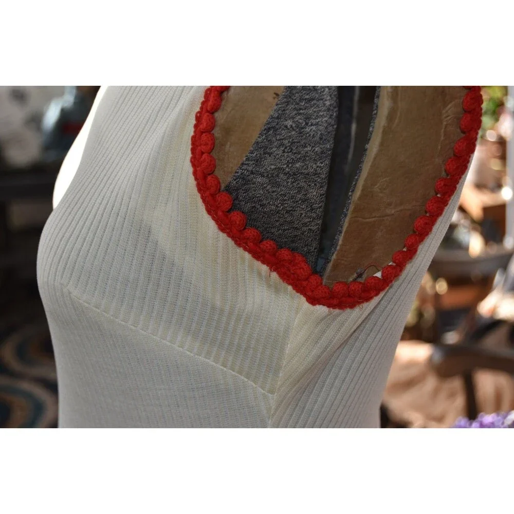 Vintage 1970s Sleeveless Beige Navy Polka Dot Maxi Dress Sleeveless Trim Small